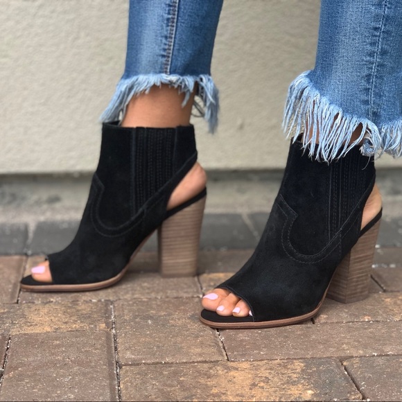 NIB Black Suede Peet Toe Open Back Ankle Bootie - Picture 6 of 8